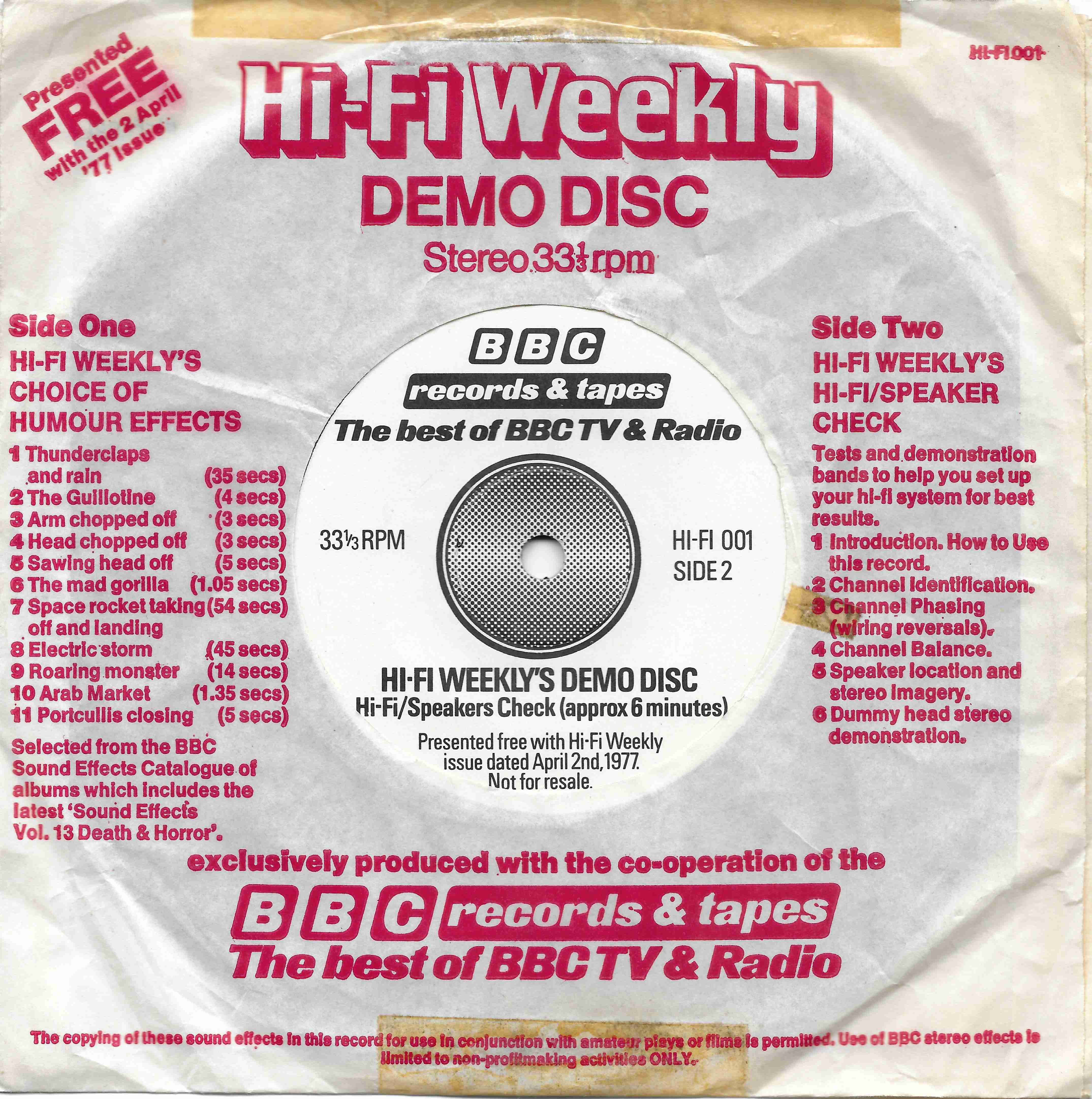 Picture of HI - FI 001 Hi - Fi weeklys demo disc - Sound effects by artist Unknown from the BBC records and Tapes library